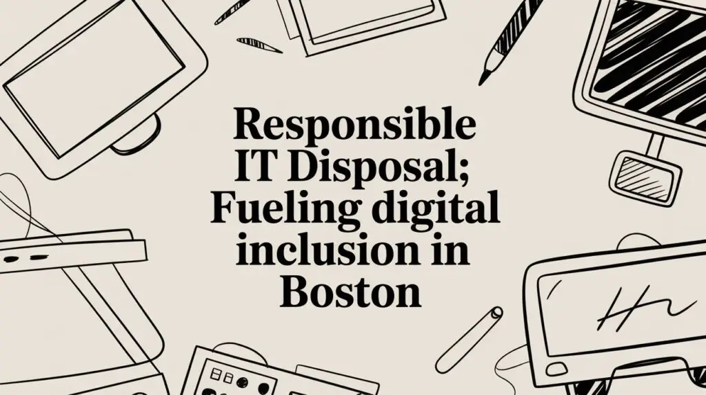 Black text on a beige background reads "Responsible IT Disposal; Fueling digital inclusion in Boston," surrounded by hand-drawn sketches of electronic devices and writing tools.