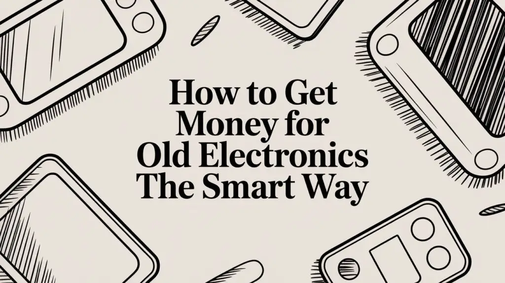Text that reads "How to Get Money for Old Electronics The Smart Way" is centered on a background with black line drawings of various handheld electronic devices.
