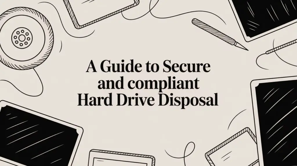 Text reads, "A Guide to Secure and compliant Hard Drive Disposal" in bold black font, surrounded by illustrated outlines of hard drives, tablets, a pen, and cables on a beige background.