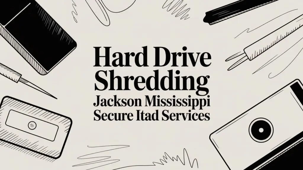 Hard Drive Shredding graphic featuring text "Hard Drive Shredding Jackson Mississippi Secure ITAD Services" with illustrations of electronic devices, emphasizing secure data destruction for IT equipment disposal.