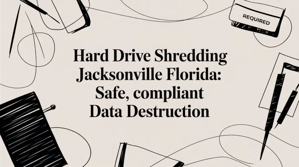 Text reads "Hard Drive Shredding Jacksonville Florida: Safe, compliant Data Destruction" with abstract black line drawings of office supplies on a beige background.