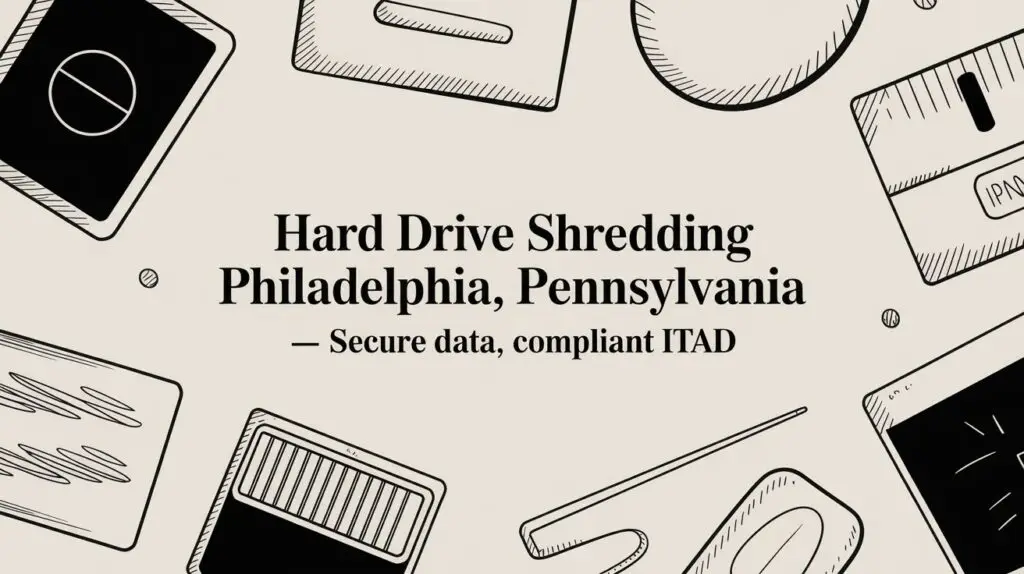 Illustration of hard drives and digital storage devices surrounding the text &ldquo;Hard Drive Shredding Philadelphia, Pennsylvania &mdash; Secure data, compliant ITAD.&rdquo;.