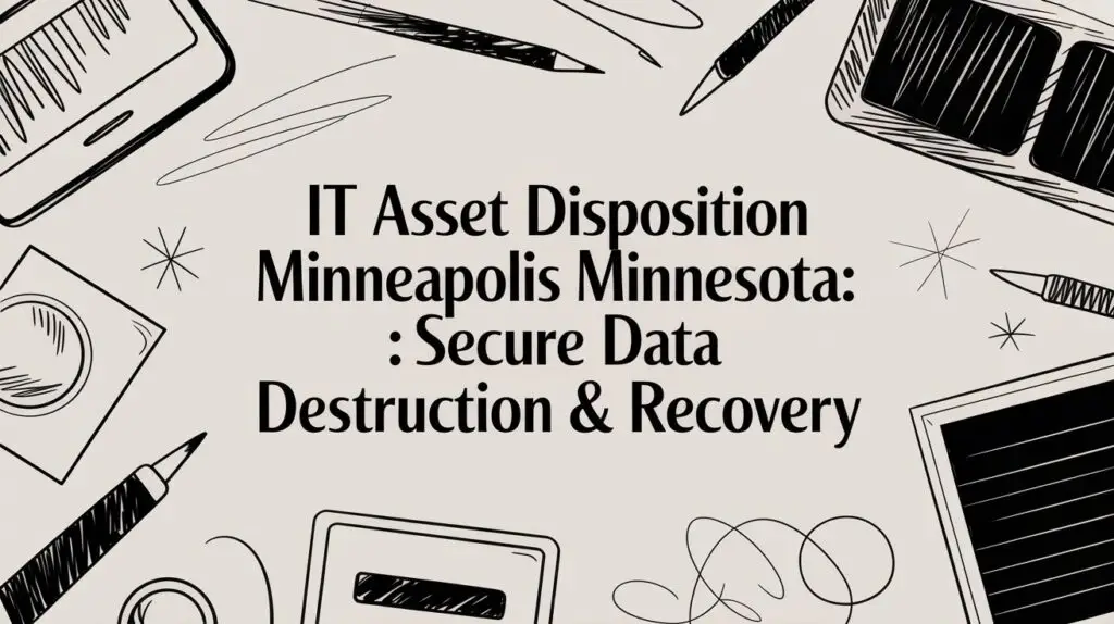IT asset disposition in Minneapolis, Minnesota, featuring secure data destruction and recovery, surrounded by illustrations of tech equipment and tools.