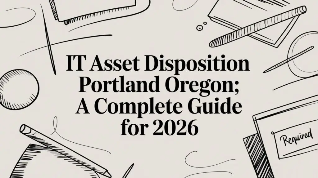 Text reads "IT Asset Disposition Portland Oregon; A Complete Guide for 2026" on a background with illustrated office supplies like pens, paper, and a folder labeled "Required.