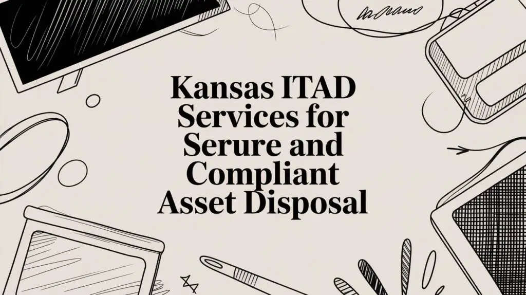 Text reads “Kansas ITAD Services for Secure and Compliant Asset Disposal” on a beige background with black-and-white outlined drawings of electronics and office supplies.
