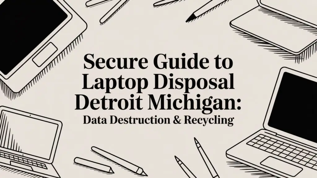 Illustrated laptops and pens surround the text “Secure Guide to Laptop Disposal Detroit Michigan: Data Destruction & Recycling” on a beige background.