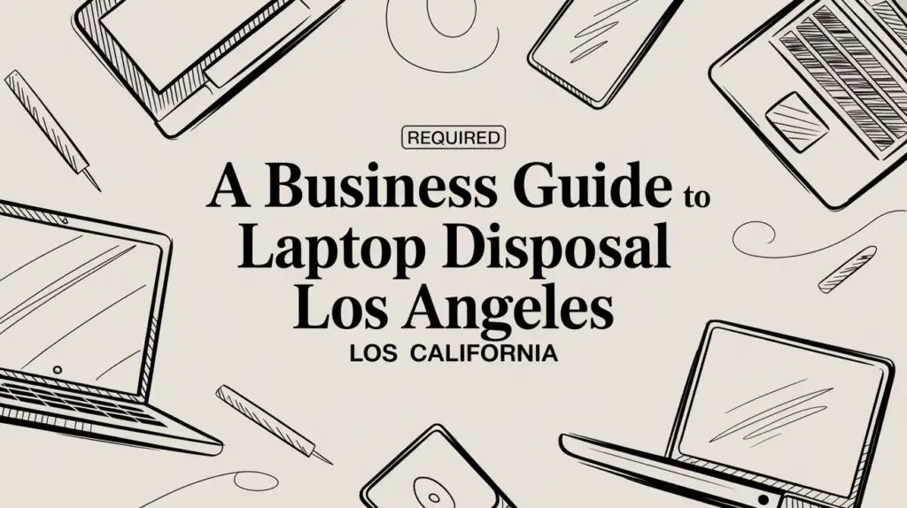 Illustrated laptops, phones, and pens surround the text: "A Business Guide to Laptop Disposal Los Angeles, Los California" on a light background.