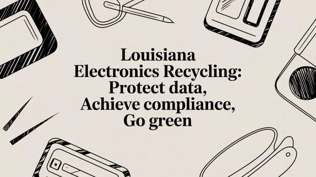 Text reads “Louisiana Electronics Recycling: Protect data, Achieve compliance, Go green” with black line drawings of electronic devices on a light background.