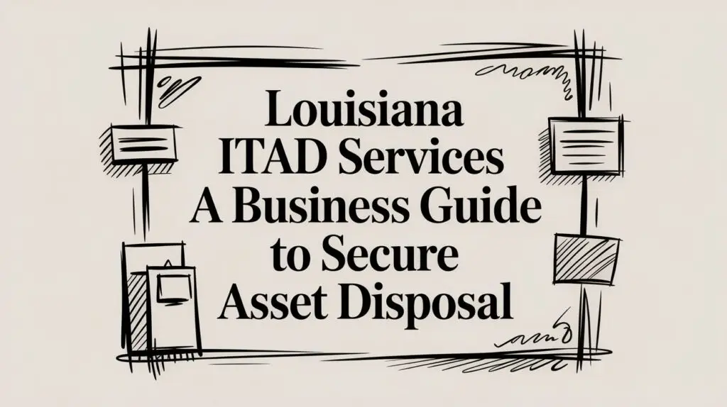 Hand-drawn graphic border surrounds the text: "Louisiana ITAD Services: A Business Guide to Secure Asset Disposal" on a light background with illustrative documents in the corners.