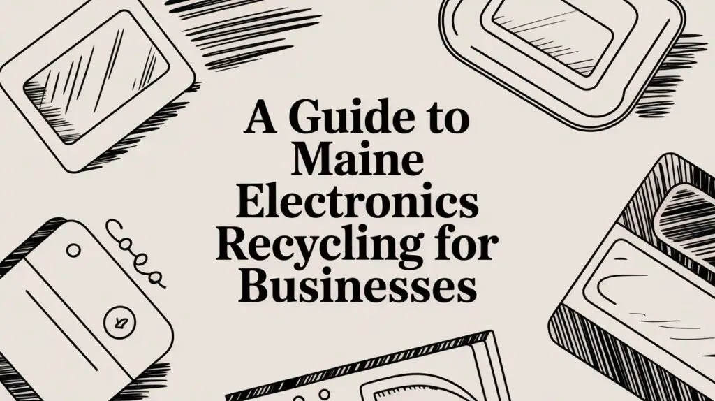Text reads: &ldquo;A Guide to Maine Electronics Recycling for Businesses.&rdquo; The background features black, hand-drawn illustrations of various electronic devices on a light background.