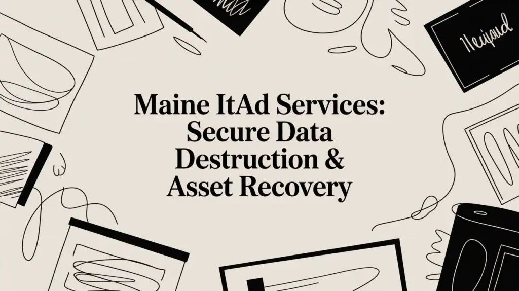 Text reading &ldquo;Maine ITaD Services: Secure Data Destruction & Asset Recovery&rdquo; centered on a beige background, surrounded by abstract black line drawings of papers and office items in the corners.