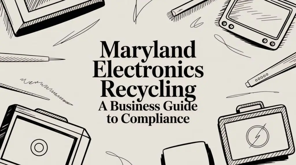 Illustrated graphic with drawings of electronics and the text &ldquo;Maryland Electronics Recycling: A Business Guide to Compliance.&rdquo;.