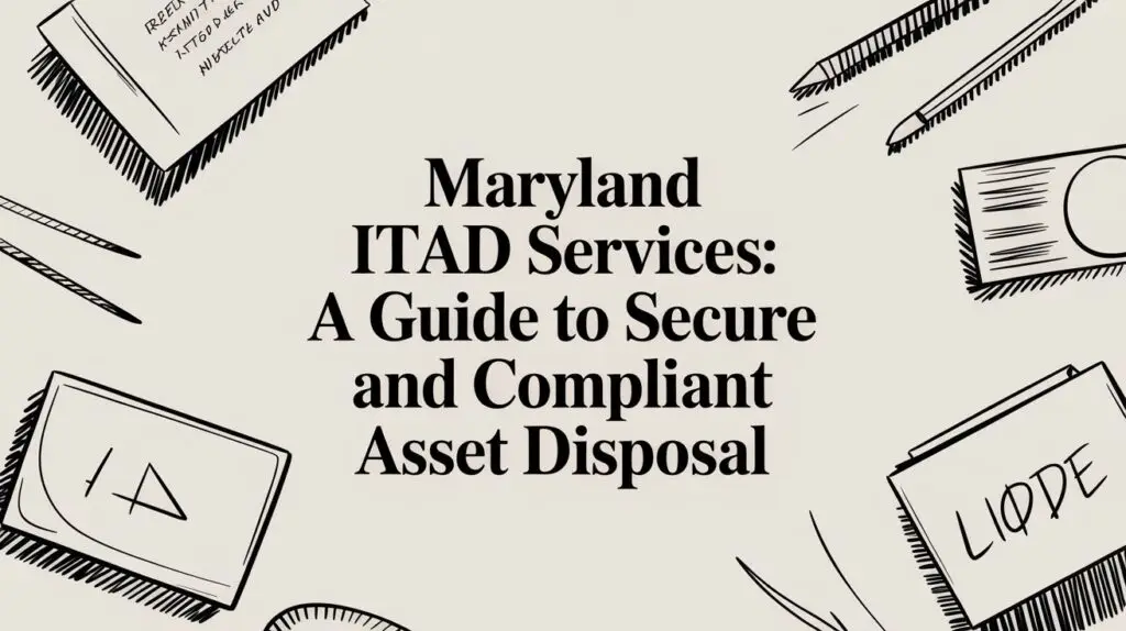Text reads "Maryland ITAD Services: A Guide to Secure and Compliant Asset Disposal" surrounded by black and white illustrations of office supplies, such as notebooks, pens, and paper clips.