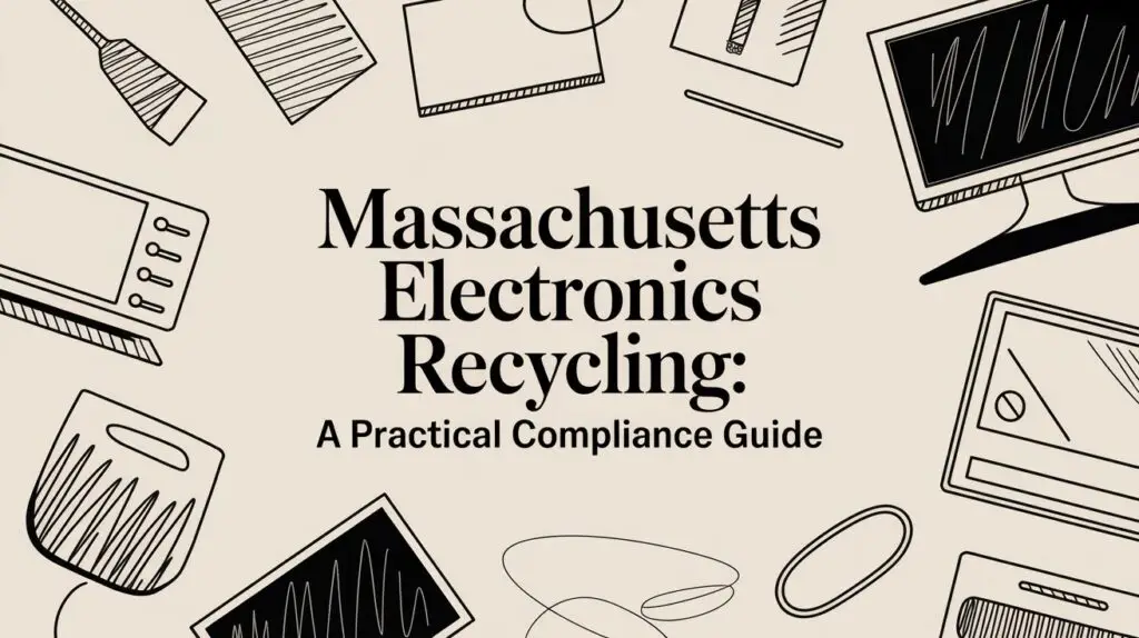Text reads, "Massachusetts Electronics Recycling: A Practical Compliance Guide." The background features sketched outlines of various electronic devices like monitors, keyboards, and tablets.