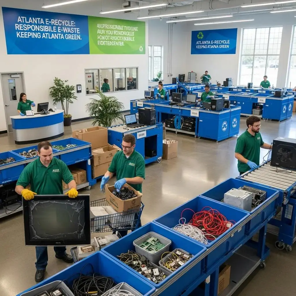 Staff at ReWorx Recycling center in Atlanta assisting customers with e-waste disposal, showcasing organized workstations with electronics and recycling bins, emphasizing responsible e-waste management and sustainability.