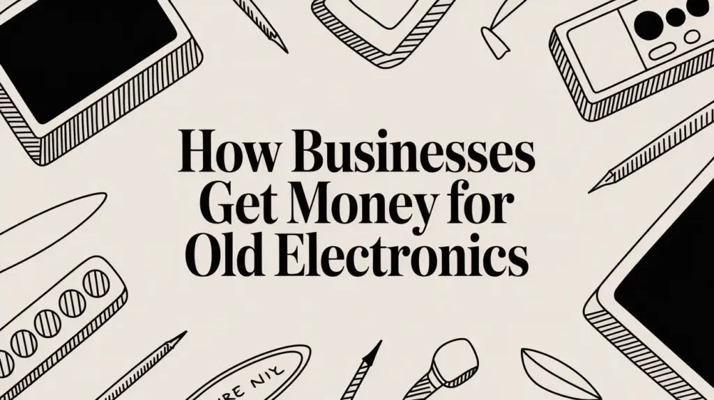 Text on a beige background reads &ldquo;How Businesses Get Money for Old Electronics,&rdquo; surrounded by hand-drawn illustrations of electronic devices, pens, and office supplies.