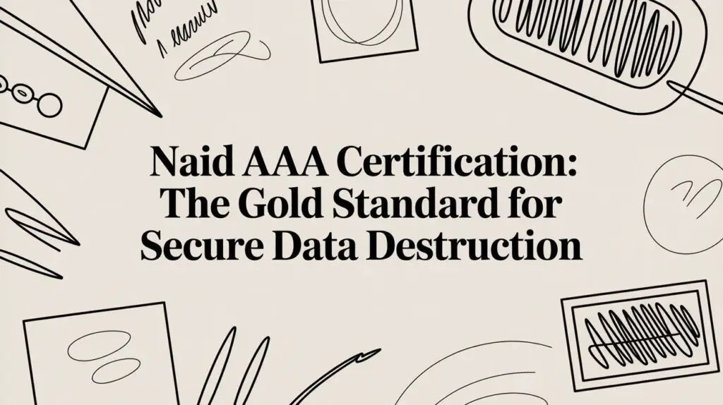 Text on a beige background reads, "Naid AAA Certification: The Gold Standard for Secure Data Destruction," surrounded by abstract black line drawings of office and document-related items.