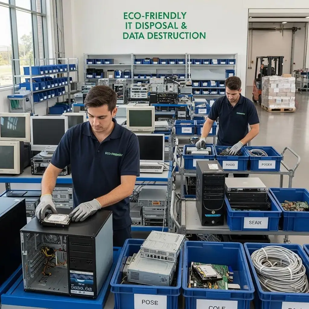 Professional IT equipment disposal service with technicians handling electronic devices securely