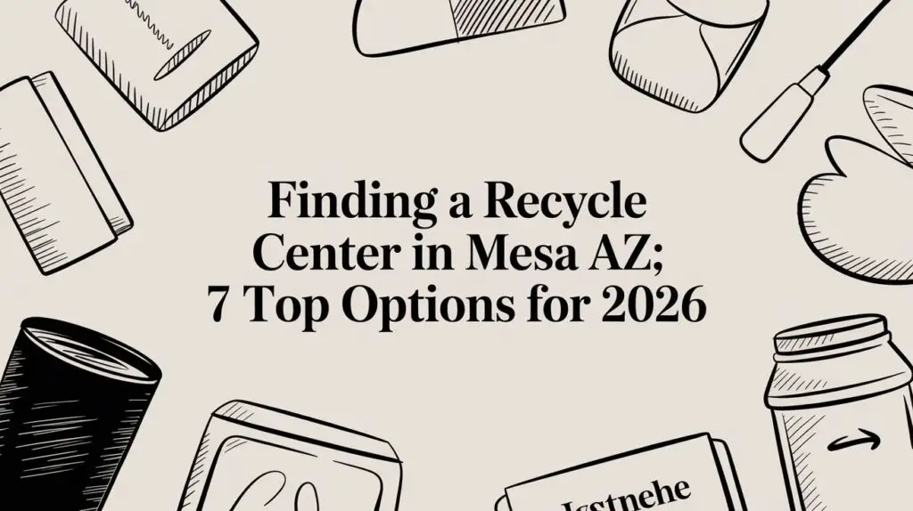 Text in the center reads, "Finding a Recycle Center in Mesa AZ; 7 Top Options for 2026," surrounded by black line drawings of cans, bottles, and recyclable items on a beige background.