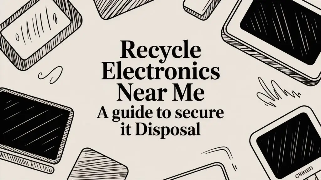 Illustrated tablets and smartphones frame the text "Recycle Electronics Near Me: A guide to secure it Disposal" on a beige background.