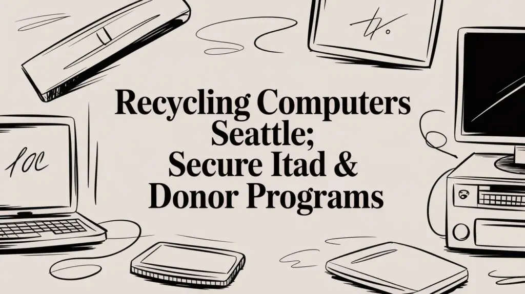 Hand-drawn illustrations of various computers and electronics surround the text &ldquo;Recycling Computers Seattle; Secure Itad & Donor Programs&rdquo; on a beige background.