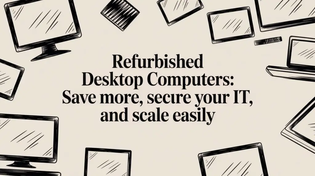 Sketched frames of desktop computers, laptops, and tablets surround the text: "Refurbished Desktop Computers: Save more, secure your IT, and scale easily" on a beige background.