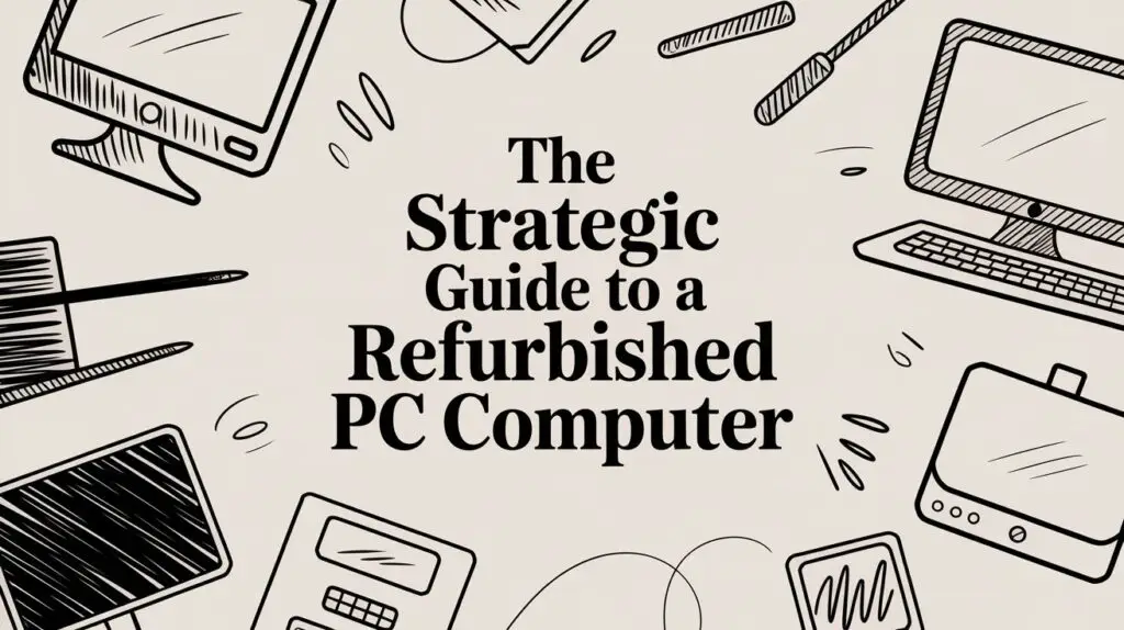 A graphic features the text "The Strategic Guide to a Refurbished PC Computer" surrounded by hand-drawn illustrations of computer monitors, a mouse, a calculator, a pen, and other electronics.