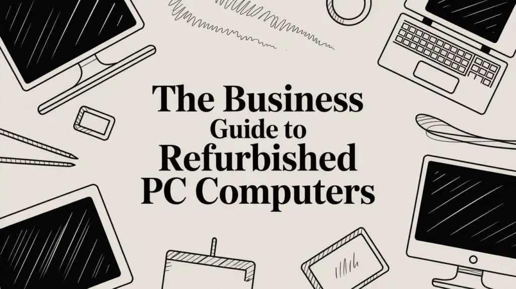 Illustrated office devices surround the text “The Business Guide to Refurbished PC Computers” on a light background. Devices include a monitor, keyboard, laptop, tablet, and smartphone.