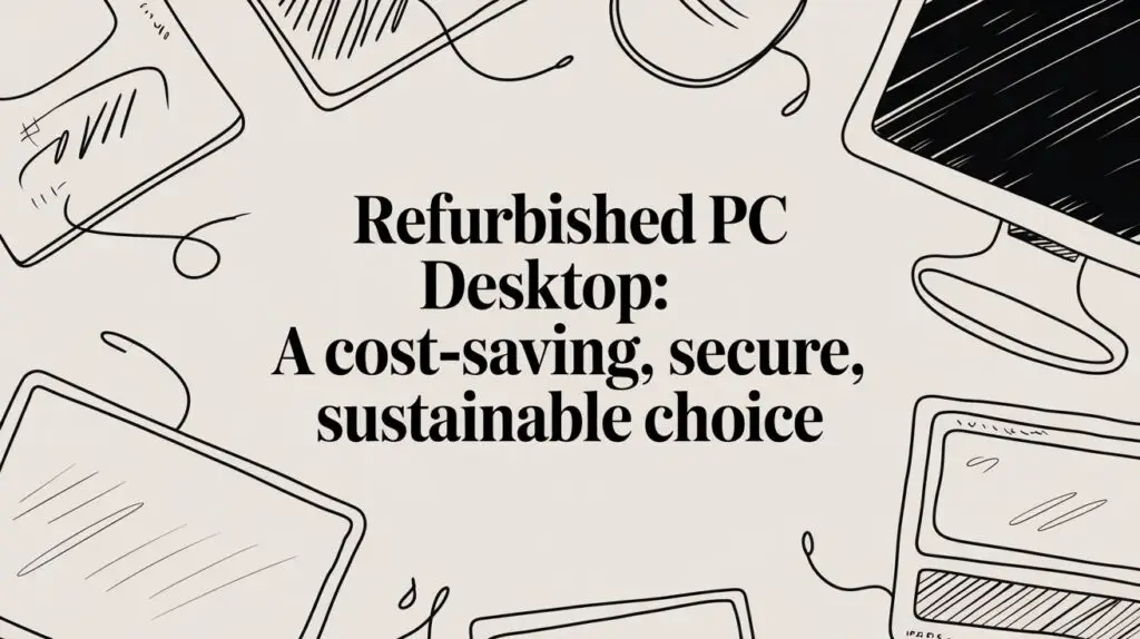 Illustration of computer screens and wires with the text: "Refurbished PC Desktop: A cost-saving, secure, sustainable choice" in the center.