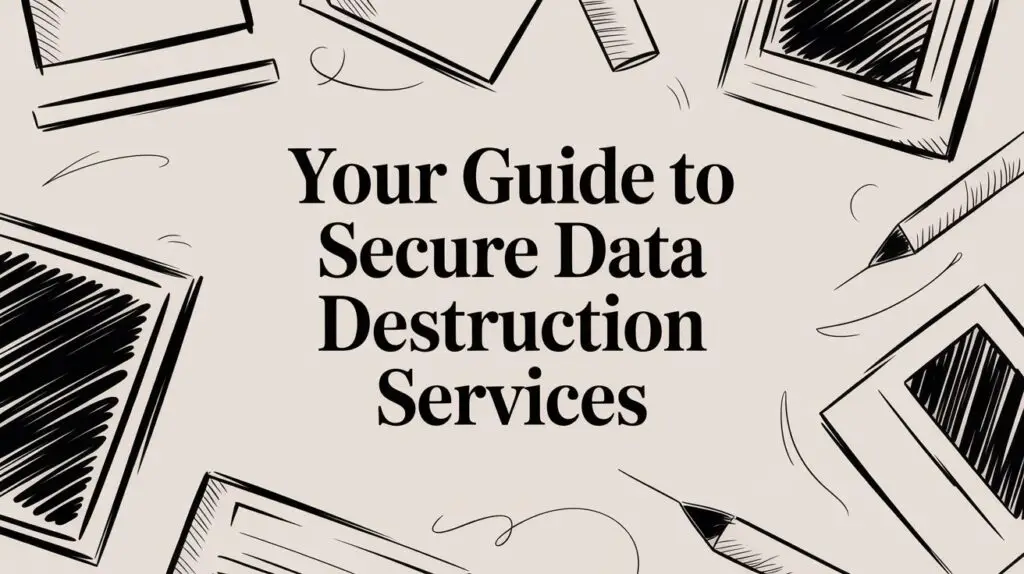 A beige background with black sketched images of photos, paper, and pencils surrounds the centered text: "Your Guide to Secure Data Destruction Services.