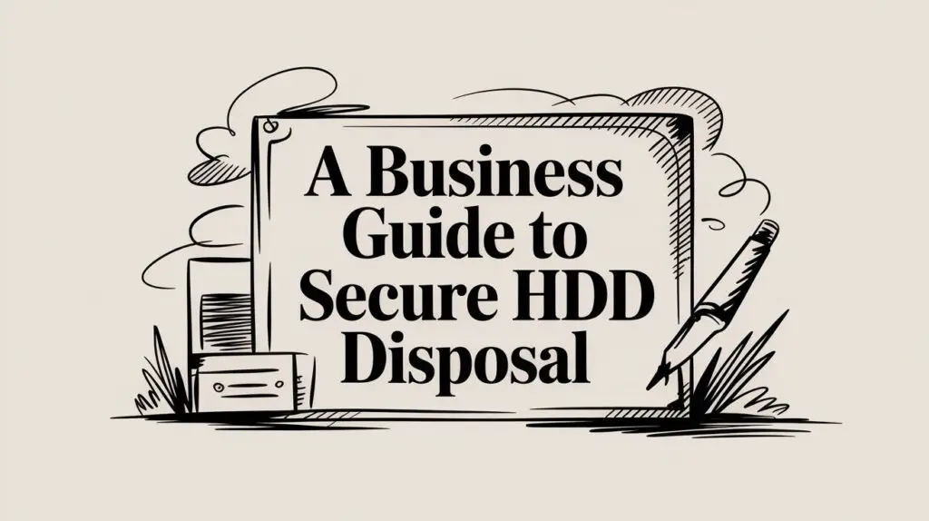 A black and white illustration features the text "A Business Guide to Secure HDD Disposal" on a clipboard, with a pen, grass, and a filing box around it.