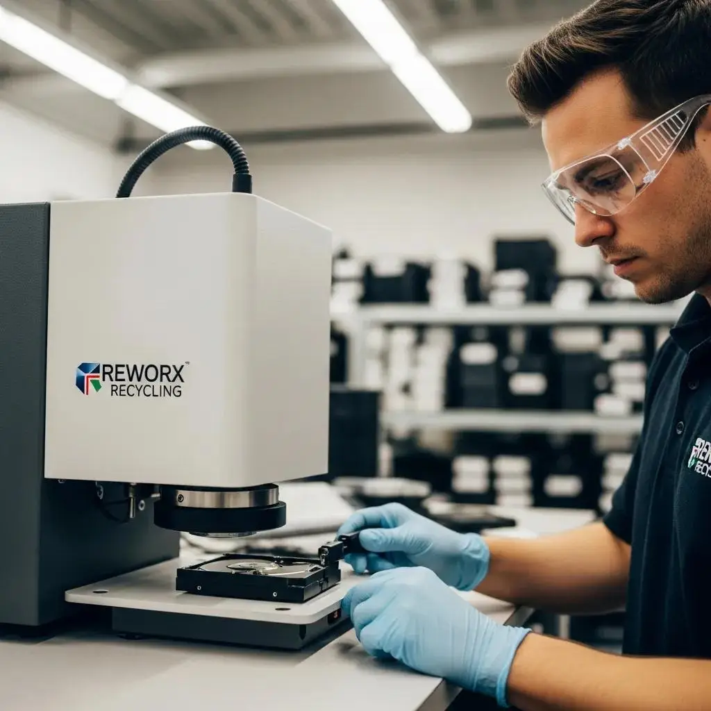 Technician performing data destruction on a hard drive at Reworx Recycling, emphasizing data security
