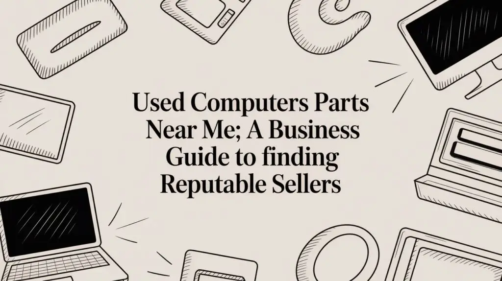 Illustration of various computer parts sketched around the border. In the center, bold text reads: "Used Computers Parts Near Me; A Business Guide to finding Reputable Sellers" on a beige background.