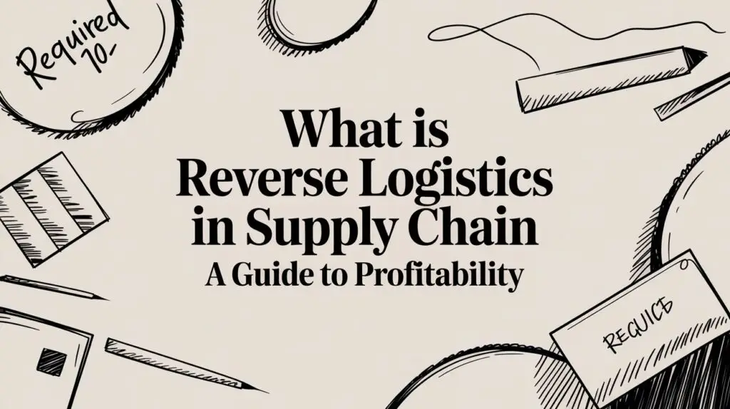 Text reads “What is Reverse Logistics in Supply Chain: A Guide to Profitability” surrounded by hand-drawn office supplies, a pencil, papers, and circles, with “Required to” and “Recycles” written on some papers.