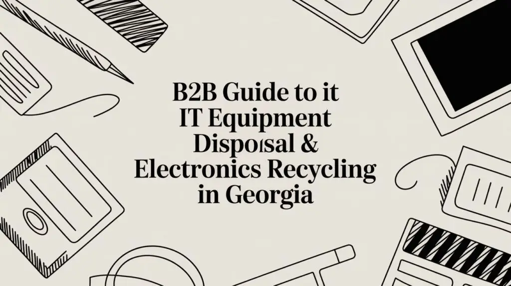 Black text on a beige background reads &ldquo;B2B Guide to IT Equipment Disposal & Electronics Recycling in Georgia,&rdquo; surrounded by illustrated office supplies like pens, keyboards, and cables.
