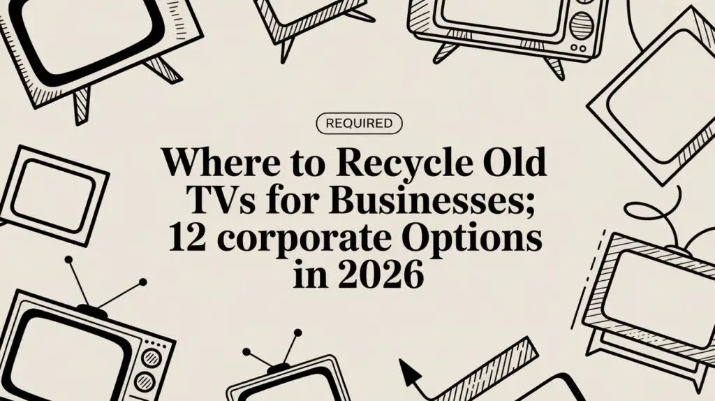 Illustration of vintage TVs framing the text: “Where to Recycle Old TVs for Businesses; 12 Corporate Options in 2026.” The style is minimalist with black line drawings on a beige background.