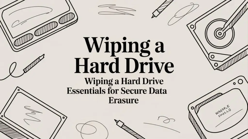 Illustration of hard drives, erasers, and pencils surrounding the text "Wiping a Hard Drive: Wiping a Hard Drive Essentials for Secure Data Erasure.