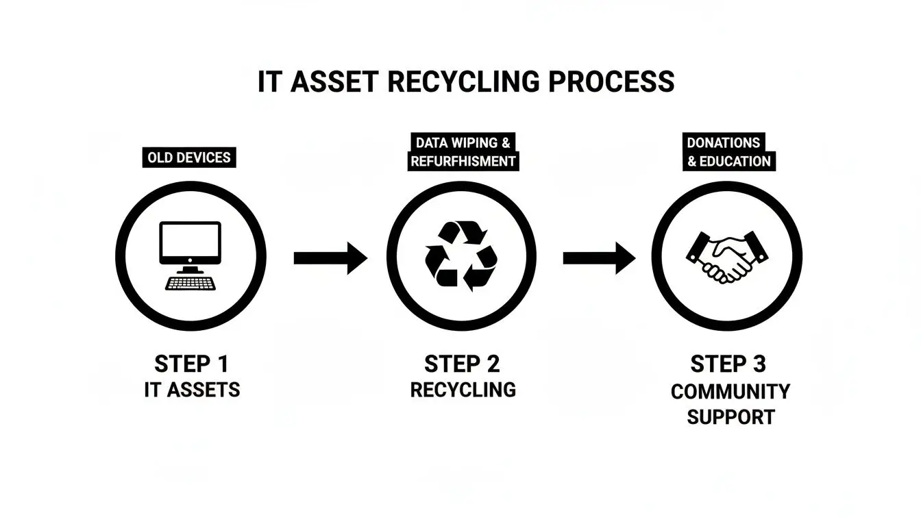 Infographic illustrating the IT asset recycling process from old devices to data wiping, refurbishment, and community donations.