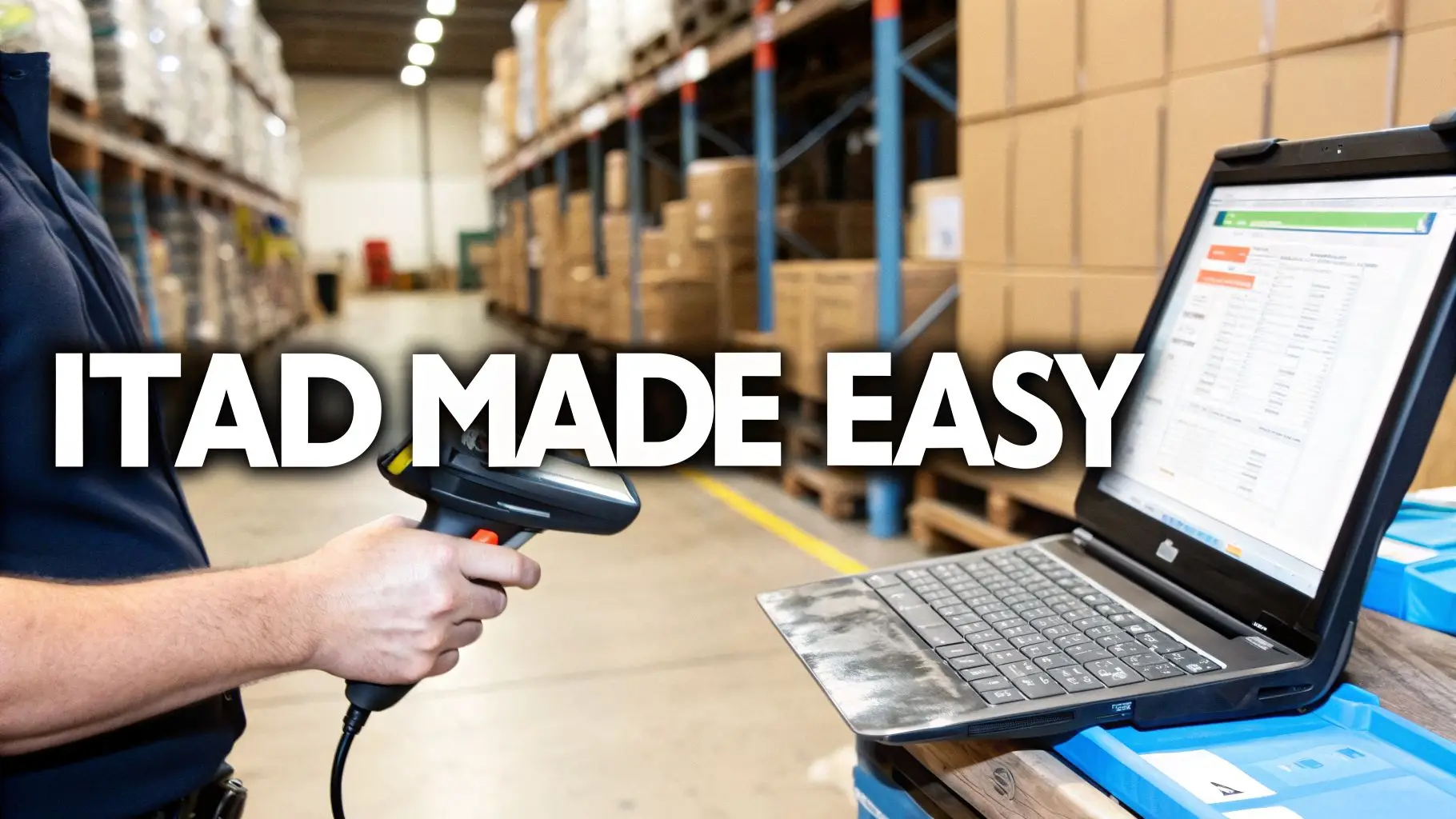 Worker uses a barcode scanner and laptop in a warehouse, streamlining ITAD asset management processes.