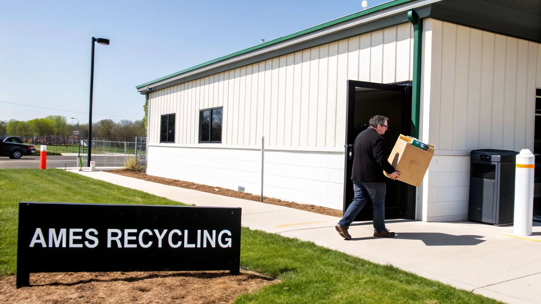 A man carries a cardboard box from the Ames Recycling building on a sunny day.