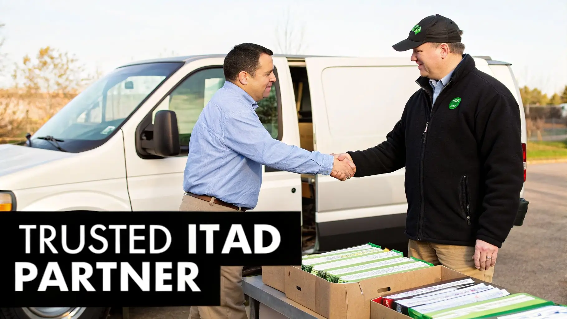 Two men shake hands by a white van and boxes of equipment, symbolizing a trusted ITAD partnership.