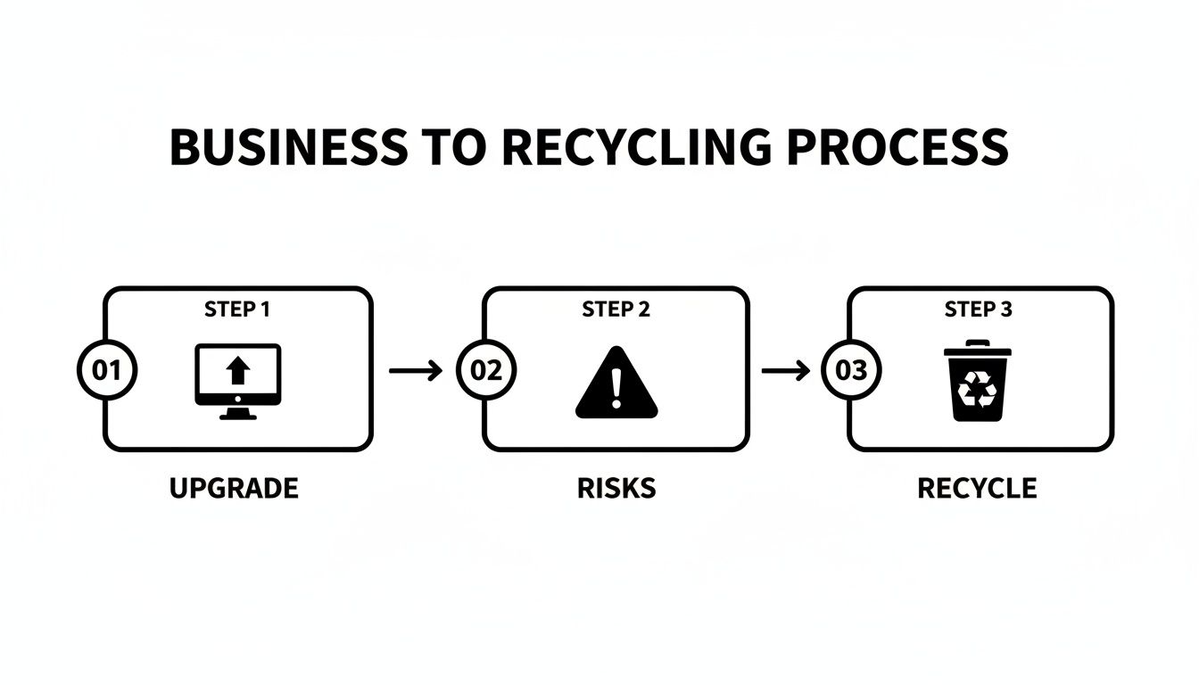 A three-step flowchart illustrating a business to recycling process: Upgrade, Risks, and Recycle.
