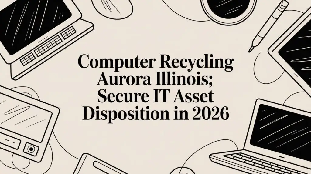 Illustration of laptops, a smartphone, pen, and mouse surrounding the text "Computer Recycling Aurora Illinois; Secure IT Asset Disposition in 2026" on a beige background.