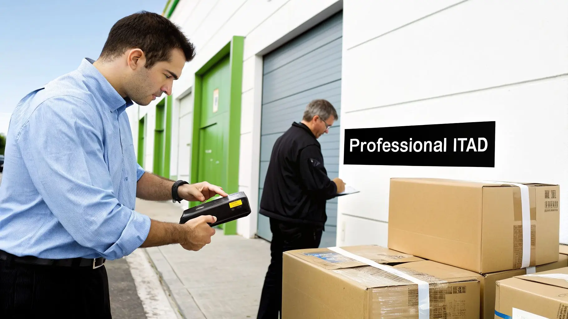 Two men outside a facility, one scanning a package with a handheld device and another documenting on a clipboard, surrounded by cardboard boxes, with &ldquo;Professional ITAD&rdquo; on the wall.