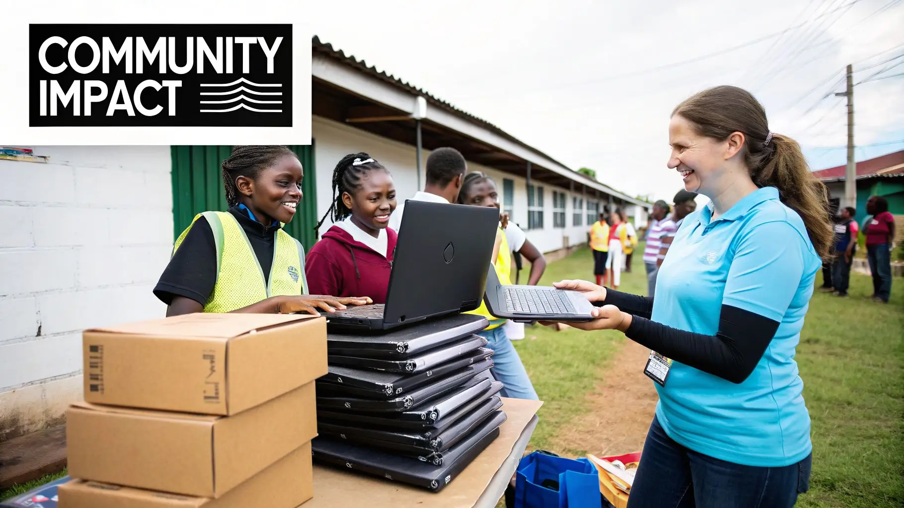 A woman hands a laptop to a smiling student at an outdoor community technology distribution event.