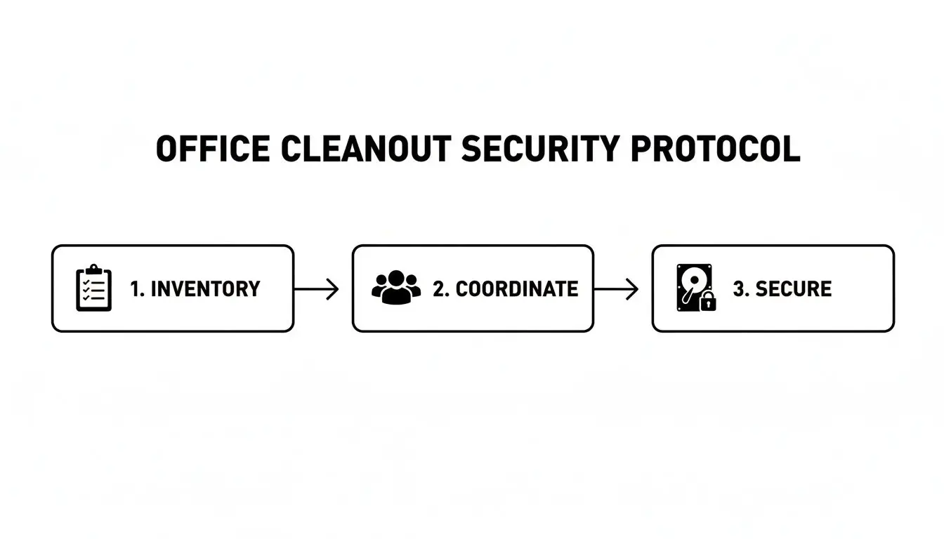 A flowchart outlining the office cleanout security protocol with three steps: inventory, coordinate, and secure.