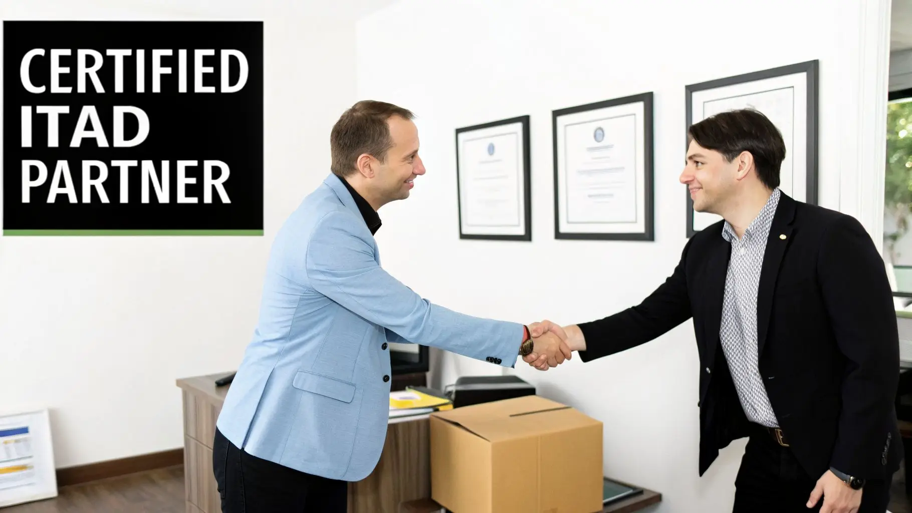 Two smiling business partners shake hands in an office, with a 'CERTIFIED ITAD PARTNER' sign.