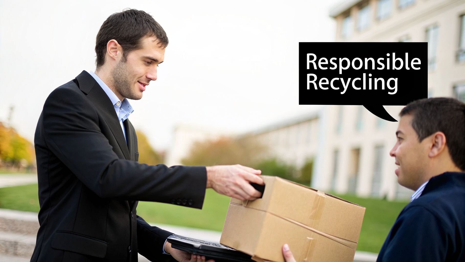 A man in a suit hands a cardboard box to another man, with a "Responsible Recycling" speech bubble.