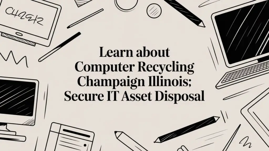 Illustration with electronics and office supplies surrounding text that reads, "Learn about Computer Recycling Champaign Illinois; Secure IT Asset Disposal.