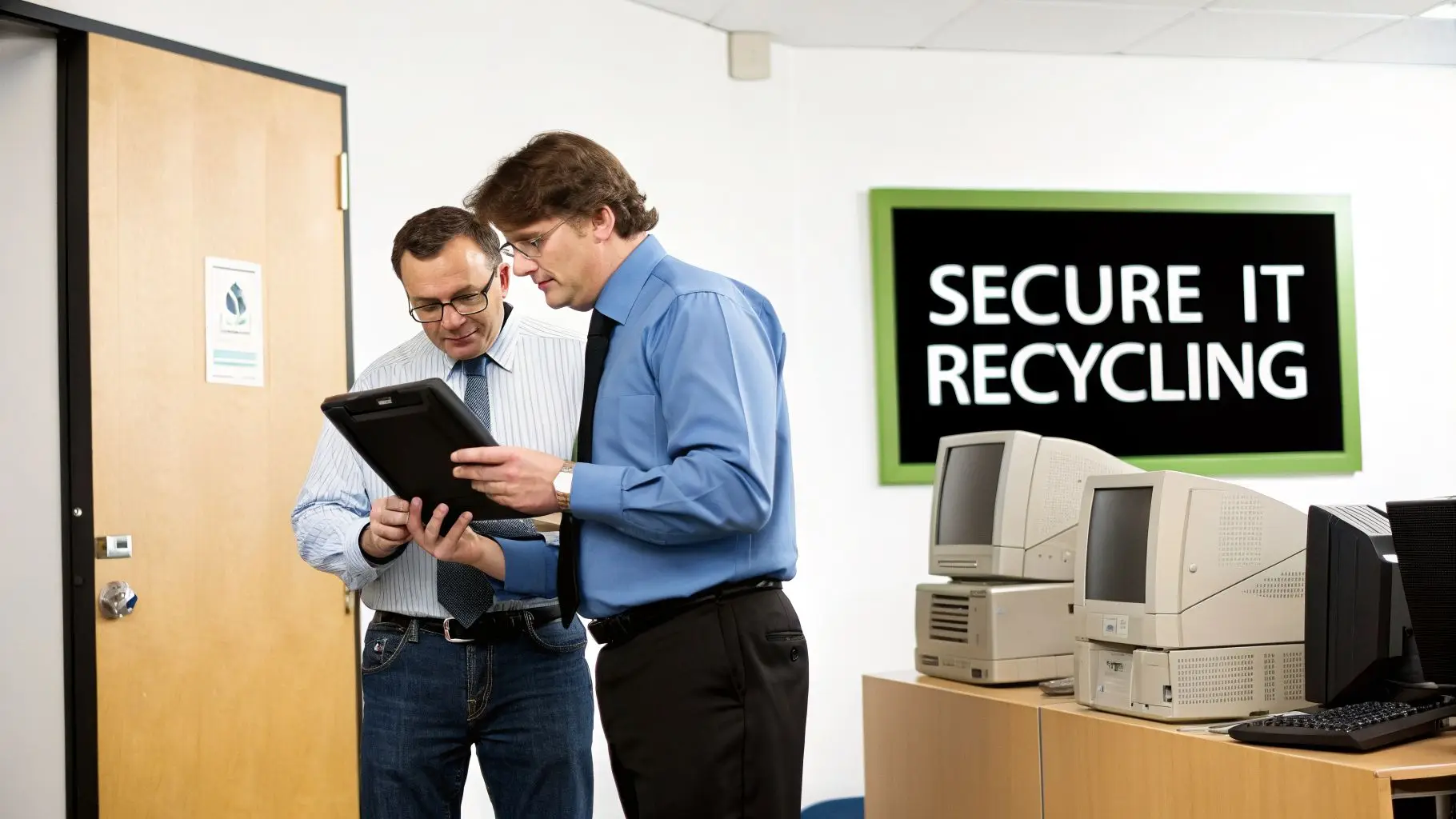 Two men discussing on a tablet in an office with a "Secure IT Recycling" sign and old computers.
